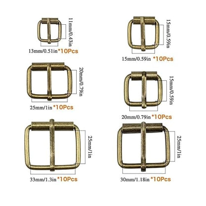 Hysagtek Brass Buckles 60 Pcs Roller Buckles Belts Hardware Pin Buckle for Bags Leather Belt Strap Hand DIY Accessories, 6 Size - 1.3'', 1.18", 1", 0.79", 0.59", 0.51" Bronze Metal
