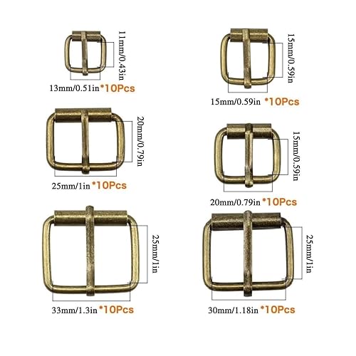 Hysagtek Brass Buckles 60 Pcs Roller Buckles Belts Hardware Pin Buckle for Bags Leather Belt Strap Hand DIY Accessories, 6 Size - 1.3'', 1.18", 1", 0.79", 0.59", 0.51" Bronze Metal