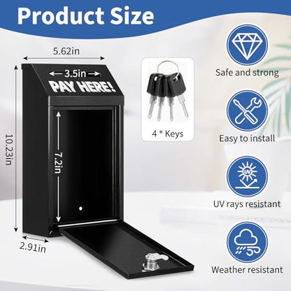 Metal Donation Box with Lock – Wall Mounted Cash Money Box with Slot for Cash Deposit, Hualleko Money Drop with Lock and Slot for Home/Office/Outdoors 10.2 x 5.6 x 2.9 Inch(Black) - color: Black
