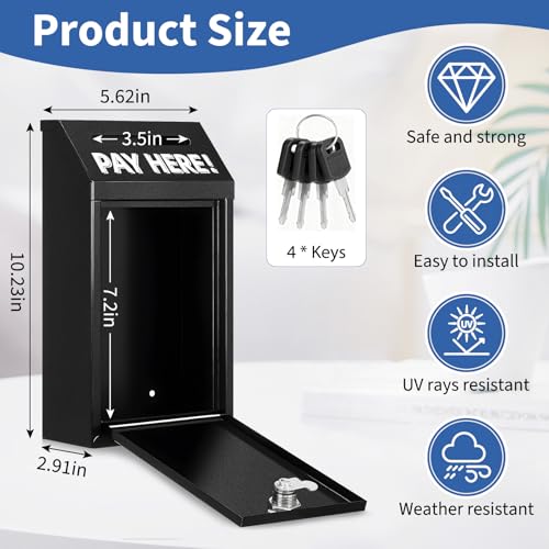 Metal Donation Box with Lock – Wall Mounted Cash Money Box with Slot for Cash Deposit, Hualleko Money Drop with Lock and Slot for Home/Office/Outdoors 10.2 x 5.6 x 2.9 Inch(Black) - color: Black