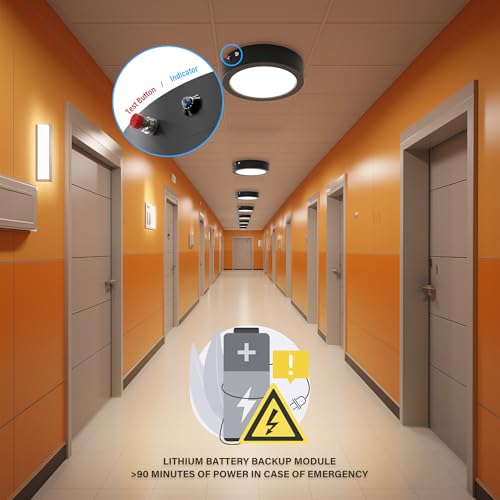 ZAGO 7 Inch Flush LED Lights with Emergency Battery Backup, Wafer Round Disk Light Emergency Kit, Edgelit, 120-277V, Dimmable, 15W, 1000LM, 5CCT Selectable, ETL/Wet Rated, Black - color: Black(EM 1 Pack)