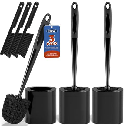 Holaloha Toilet Brush and Holder Set, Space Saving, 3 Pack, Black - color: Black