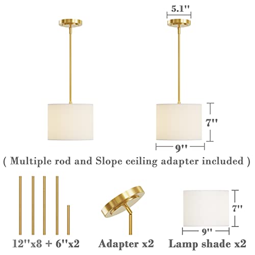 Electro bp;9" Dia White Linen Drum Shade Hanging Pendant Light Fixture with Polished Gold Pole Kit,E26,Hardwired,2-Pack; - color: Gold 2-Pack Pendant