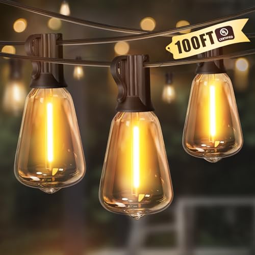 LAMPHOME LED Outdoor String Lights 100FT Patio Lights with 52 Shatterproof ST38 Vintage Edison Bulbs, Outside Hanging Light Waterproof for Porch, Deck, Garden, Backyard, Dimmable 2700K - color: Warm White, size: 100FT