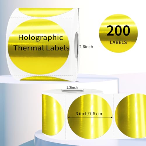 3" Gold Thermal Label Stickers, Round Glitter Direct Thermal Printer Sticker Labels for Gift Wrapping, Self-Adhesive DIY Custom Logo Design- Holographic Gold - color: Holographic Gold, size: 3 inch