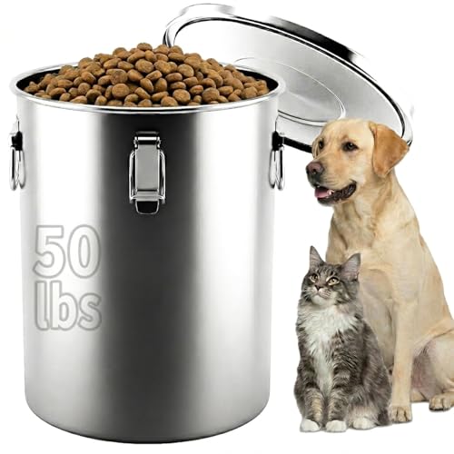 304 Stainless Steel Dog Food Storage Container, 50LB/55LB Airtight Pet Food Container with Locking Lid & Silicone Seal, Large Metal Food Storage Bin for Dry Dog/Cat Food, Rice, Flour (50 LBS) - size: 50 LBS