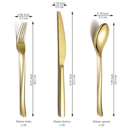 Berglander Gold Wedding Silverware Set 60pcs Service for 20, Titanium Plating Stainless Steel Flatware Set, Gold Spoons Forks Knives Set for Home, Wedding, Restaurant, Dishwasher Safe - color: b. 60 Pcs B