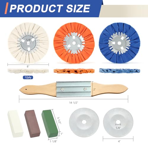 9 Pcs 8" Airway Buffing Wheel Kit for Angle Grinder, 3 Wheels, 3 Polishing Compounds, Buffing Rake & Safety Flanges, 5/8" Arbor, Aluminum Polishing Wheel,Tanks & Metal Mirror Polishing - color: Multi 9pcs, size: 12plys