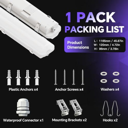 4FT LED Vapor Tight Light 60W 7800LM 5000K IP65 Waterproof Shop Lights - size: 6Pack