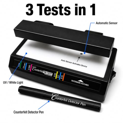 Dri Mark Tri Test - Counterfeit Bill Detector Machine w/AC Adapter - 3 Tests in 1 - Paper, Security Strip and Watermark Tests, Accurate Money Tester Machine with Counterfeit Detection Pen - style: 1 Tri Test