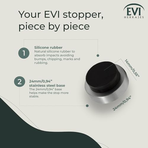EVI Herrajes | Stainless Steel Door Stop - Adhesive and Screw Fastering - Balck Protective Rubber - Handle Protector 0.94 x 0.55 Inches - color: Stainless Steel - Black Rubber