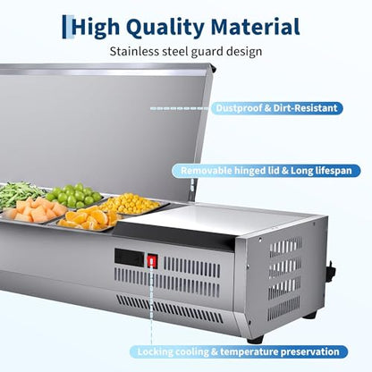 IDEALHOUSE Condiment Prep Rail Station, 140W Countertop Refrigerated Condiment Station, with 3 1/3 & 4 1/6 Pans, 304 Stainless Body and PC Lid, Sandwich Prep Table with Glass Guard, ETL Certified - size: E55TW-G