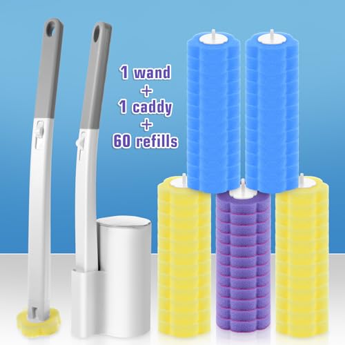Disposable Toilet Brush Cleaning System with 60pcs Refills Pads Replacement Heads, Toilet Cleaning Stick, Wall Mounted Toliet Wand Kit Bathroom Maintenance, Toilet Bowl Cleaner Wands Holder and Set