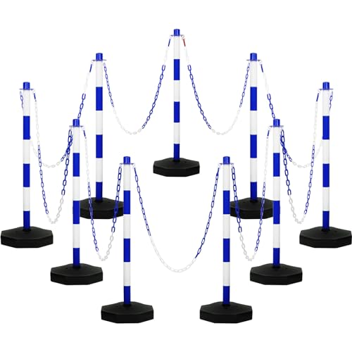 Amylove 9 Packs Traffic Delineator Post Cone with Base, Traffic Cones Safety Cones Caution Cones Plastic Stanchion Chain Safety Barriers with 6.6 Feet Link Chain and S Hooks for Parking Lot (Blue) - size: Blue