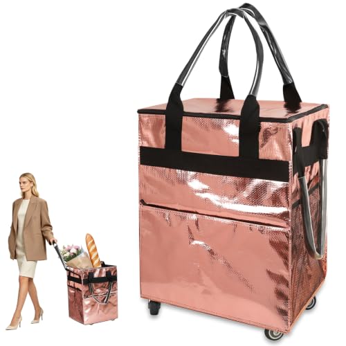 Reusable Grocery Bag on 4 Swivel Wheels, 60L Large Rolling Tote Bag - color: Pink