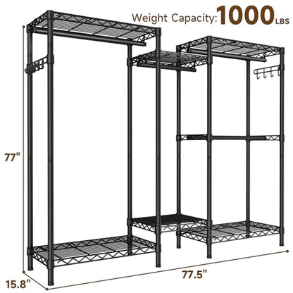 Golpart Heavy Duty Clothes Rack Metal Wardrobe with Adjustable Wire Shelves - color: Black, size: 15.75"D x 77.5"W x 77"H
