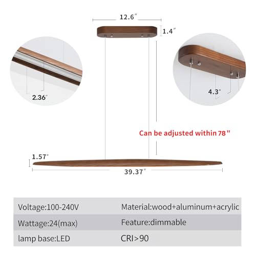 YISDESIGN 39" Wood Linear Pendant Light LED Dimmable Hanging Light Dinning Room Light Fixture Island Lights 24w for Dining Room Kitchen Island Bar Walnut Color - color: Walnut, size: 39in