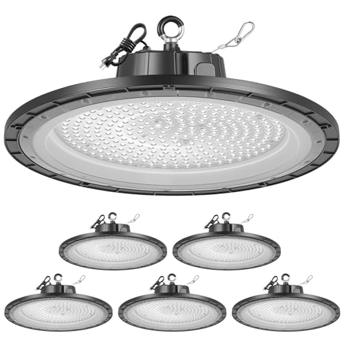 VEVOR 6 Pack LED High Bay Lights, 5000K 150W 21000LM Super Bright UFO LED Warehouse Shop Lights, IP65 Waterproof, 100-277V Wide Voltage for Warehouse Workshop Factory Gym Garage Barn, Black - size: 150W 6Pack