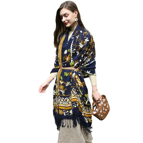DANA XU 100% Merino Wool Extra Large Pashmina Shawl for Women - color: Navy Botanical