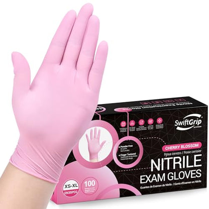 SwiftGrip Pink Nitrile Gloves, 3-mil, Industrial Gloves Disposable Latex Free, for Cleaning & Esthetician, Rubber Powder-Free, 100-ct Box (X-Small) - size: X-Small