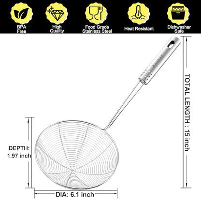Anaeat 6.1" Stainless Steel Spider Skimmer, Professional Kitchen Pasta Strainer Spoon with Long Handle - Asian Strainer Ladle Wire Skimmer Spoons for Cooking and Frying - color: 6.1" Spider Strainer Skimmer