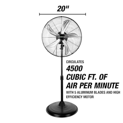 OEMTOOLS OEM24871 20" Oscillating Pedestal Fan, Adjustable Height for Garage, Shop, Gym, Warehouse 4500 CFM Airflow, 3-Speed Enclosed Motor, 5 Aluminum Blades, Dust-Resistant Industrial Purpose - size: 20 Inch