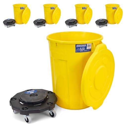 Magnum Yellow 32 Gallon Trash Can Set (Trash Can, Quiet Dolly, and Reinforced Lid), Construction Grade, Jobsite Ready, Non-Marking Wheels & Casters for Rolling Garbage CMTC-CLD0-32Y05 (5 Set) - color: Yellow, size: 32 Gallon, style: Can + Lid + Dolly