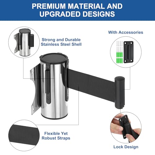 MECCANIXITY Wall Mount Retractable Belt Barrier 6.56ft Crowd Control Belts - color: Silver/Black, size: 6.56 ft