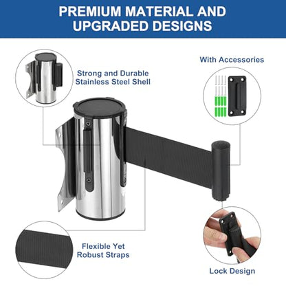 MECCANIXITY Wall Mount Retractable Belt Barrier 6.56ft Crowd Control Belts - color: Silver/Black, size: 6.56 ft