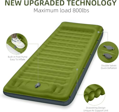 FNARMW Camping Sleeping Pad, Extra Thick 5 Inch Camping Mat with Pillow Built-in Foot Pump Inflatable Sleeping Pads Compact for Camping Backpacking Hiking Traveling Tent（Military Yellow） - color: Military Yellow