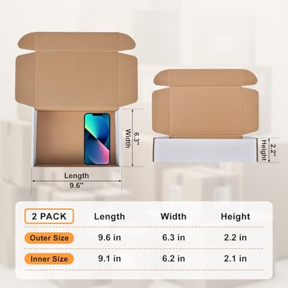 9x6x2 Inches Small Shipping Boxes, 2 Pack White Corrugated Cardboard Boxes, Recyclable Tap-Lock Packaging Boxes for Business, Gift Wrapping, Mailing and Storage - size: 9"x6"x2"