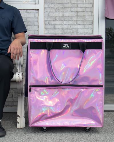 Large Phantom Pink Reusable Grocery Bag on Wheels, Folding Rolling Tote - color: Phantom Pink, size: Large