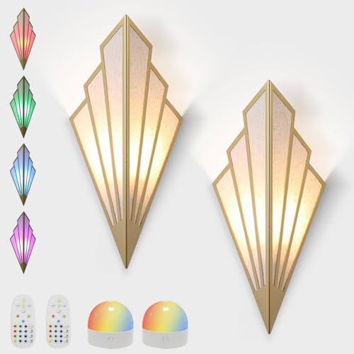 Modern Battery Operated Wall Sconces Set of Two, Simple Creative Wall Lamp Art Deco Lighting Fixture with Remote Control, RGB Dimmable Led Wall Light for Bedside Bedroom Living Room (Gold) - color: Gold