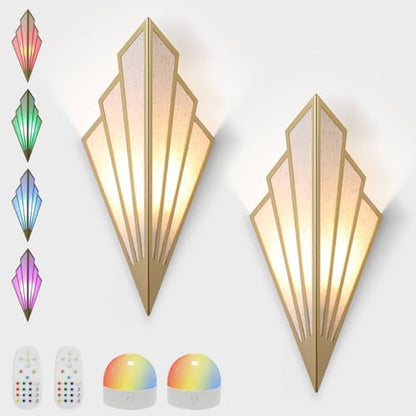 Modern Battery Operated Wall Sconces Set of Two, Simple Creative Wall Lamp Art Deco Lighting Fixture with Remote Control, RGB Dimmable Led Wall Light for Bedside Bedroom Living Room (Gold) - color: Gold