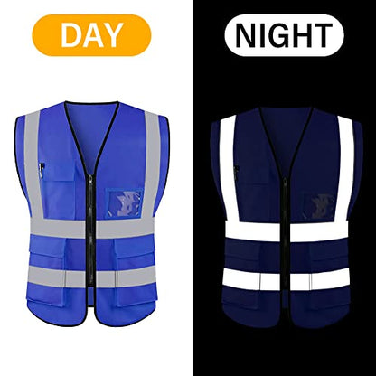 HYCOPROT High Visibility Safety Reflective Vest with Pockets and Zipper, Meets ANSI/ISEA Standards - color: Blue, size: X-Large