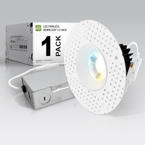 ASD 3 Inch Trimless LED Recessed Ceiling Light Fixture, Mud-in Canless Downlight with Junction Box, 5CCT Selectable 2700K-5000K, 12W 933 Lumens, CRI90+, Anti-Glare, Dimmable, IC & Wet Rated, ETL - color: White 1 Pack, size: 3" 12 Watt