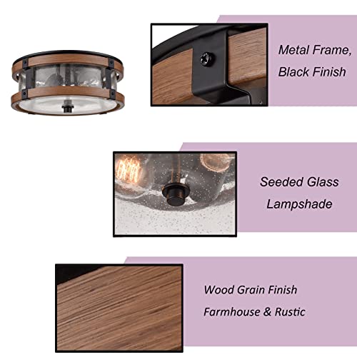 DEYNITE 2-Light Ceiling Light Drum Seeded Glass Shade Black & Rust Light - size: 4.1" Height