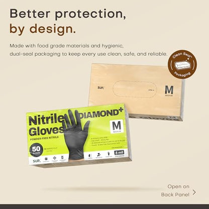 SUPER+ Disposable Nitrile Gloves, 8 Mil Diamond Powder-Free Latex-Free Food Safe Chemical Resistant Heavy Duty, Black 500 Ct - color: Medium (Black)