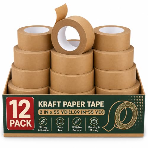 12 Pack Heavy Duty Paper Packing Tape,2 Inch Wide (1.89 in x 55 Yds),Eco Friendly & Biodegradable, Writable & Uncoated Brown Packing Tape Great for Packaging, Shipping, and Moving - size: 12