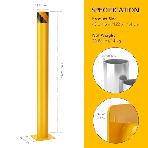 4-Pack 48 Inch Steel Safety Bollards, 4.5 Inch Diameter Parking Bollard Post with 16 Anchor Bolts, Yellow Safety Steel Bollard Post for Driveway Barrier, Traffic Control & Storefront Protection - size: 48 Inch