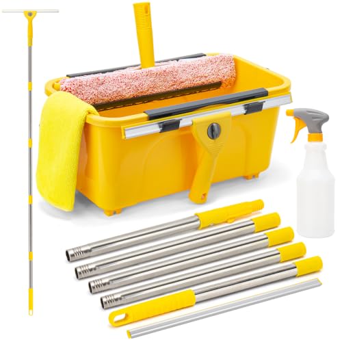 Professional Window Cleaning Kit with 3 Gallon Bucket, 6 Ft Long Handle Glasses Cleaner Squeegee with Spray Bottle and Scrubber for Home and Commercial Use, Car Windshield Washing Tool, Yellow - color: Yellow