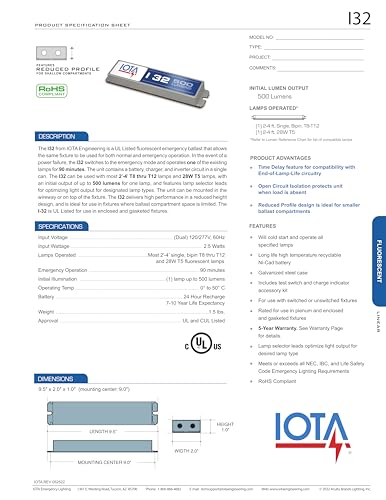 I32 (I-32-TBTS) IOTA Emergency Lighting Battery Pack Ballast | 500 Lumen Output | Reduced Profile