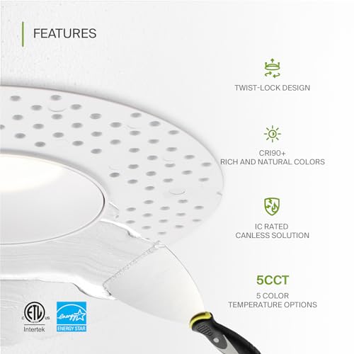 ASD 3 Inch Trimless LED Recessed Ceiling Light Fixture, Mud-in Canless Downlight with Junction Box, 5CCT Selectable 2700K-5000K, 12W 933 Lumens, CRI90+, Anti-Glare, Dimmable, IC & Wet Rated, ETL - color: White 1 Pack, size: 3" 12 Watt
