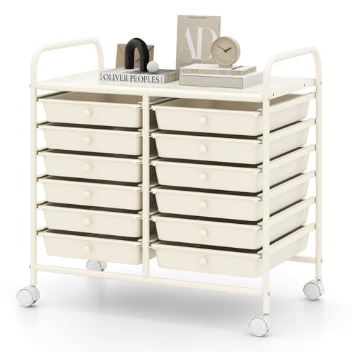 RELAX4LIFE 12-Drawer Rolling Storage Cart - Mobile Utility Cart on Wheels for School Classroom Teacher Office Salon, Paper File Art Supply Craft Organizer, Rolling Cart with Drawers (White) - color: White, size: 24.5''
