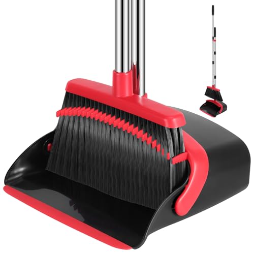 NACENA Broom and Dustpan Set, 52-in Long Adjustable Handle Broom Dustpan Combo with Dustpan Teeth to Automatically Clean Hair Suitable for Home Kitchen Office Hall Floor（Black&Red） - color: Black-red, size: 1 Pack
