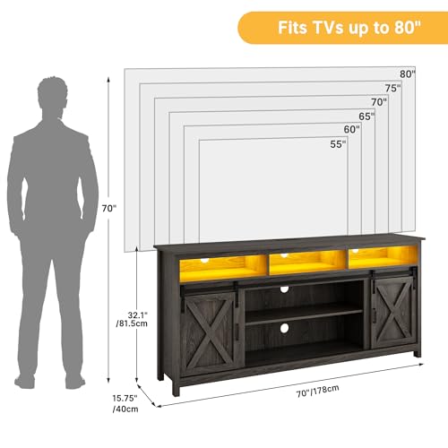 Vinctik 6&Fox 70in Wooden Farmhouse Entertainment Center for 80/75 inch TV,Double Layer Storage Farmhouse TV Stand,Double-Row Sockets with Wood Sliding Barn Door TV Stand(Double Layer Grey Wash) - color: Double Layer Grey Wash, size: 70in