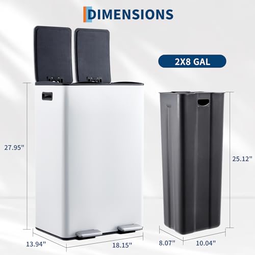 Garvee 16 Gal Dual Compartments Kitchen Trash Can, Stainless Steel, White - color: White, size: 30L+30L