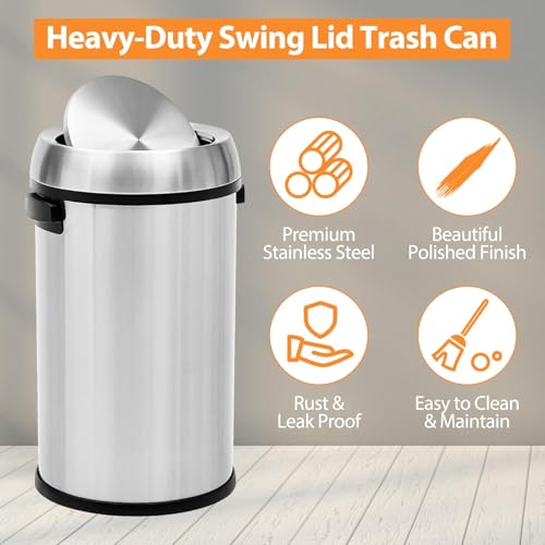 17 Gallon Fingerprint-Proof Stainless Steel Trash Can, Heavy Duty Commercial Round Garbage Bin with Swing Lid for Restaurant, Home, Office, Silver - color: Silver
