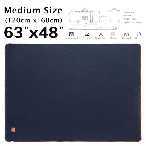 PuTian 100% Wool Blanket - Camping Outdoor Blanket, 63"×48", Blue - color: Blue, size: 63" × 48"