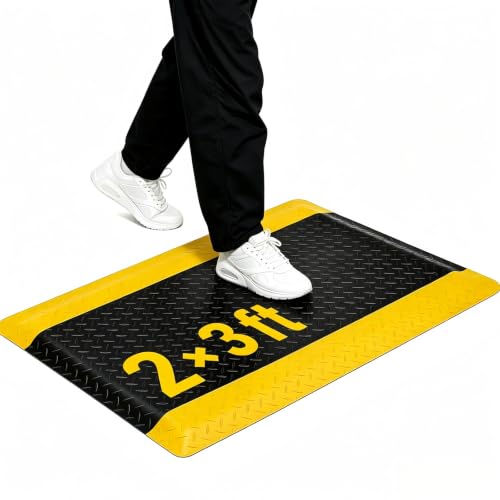 2' x 3' Industrial Anti Fatigue Mat – 7/8" Thick Commercial Grade Sponge | Non-Slip Diamond Plate Surface, Yellow Safety Border for Garage, Workshop, Kitchen & Standing Desk